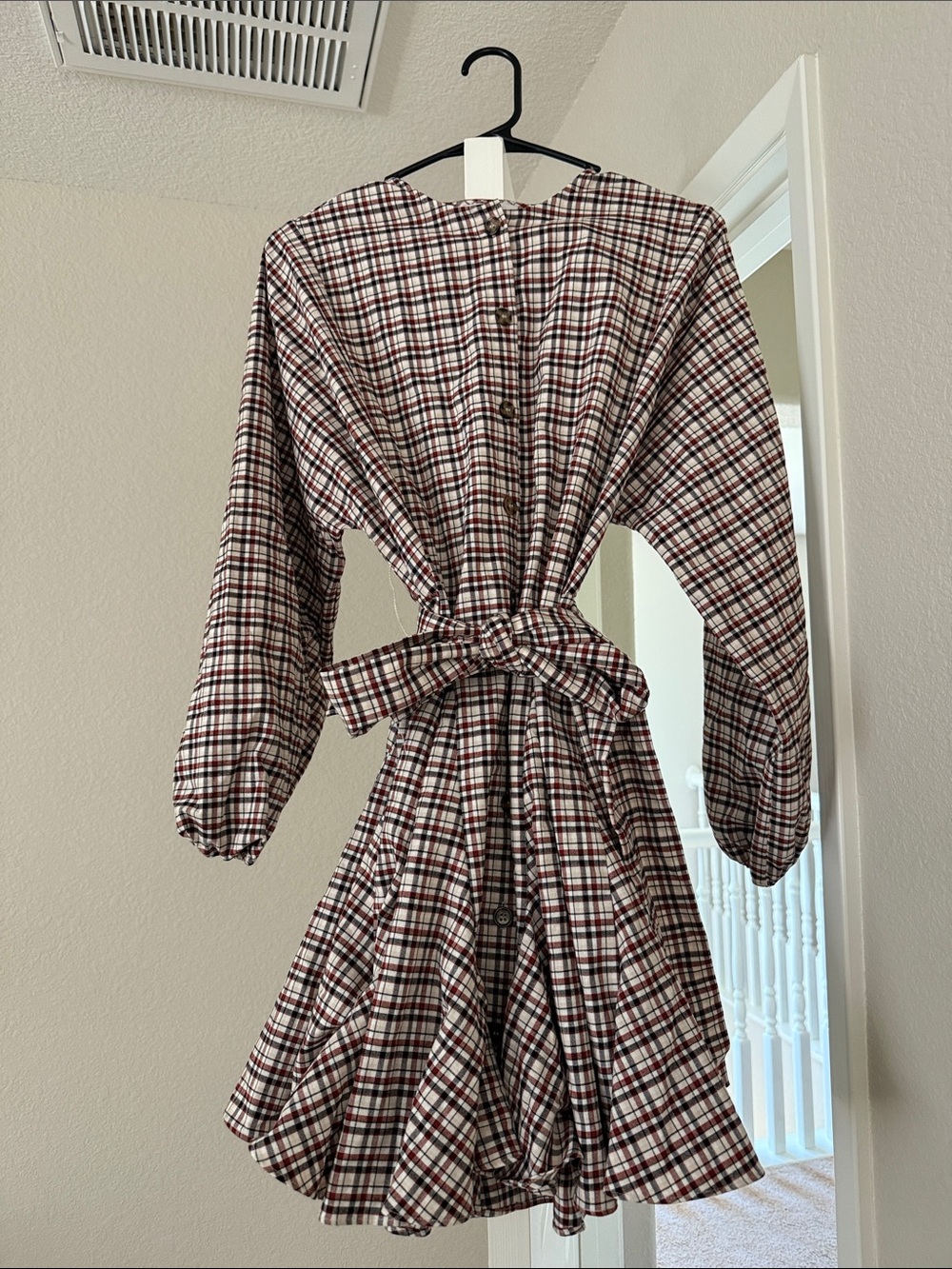 Gianni Bini Red and Black Plaid Long-Sleeve Tie-Waist Dress